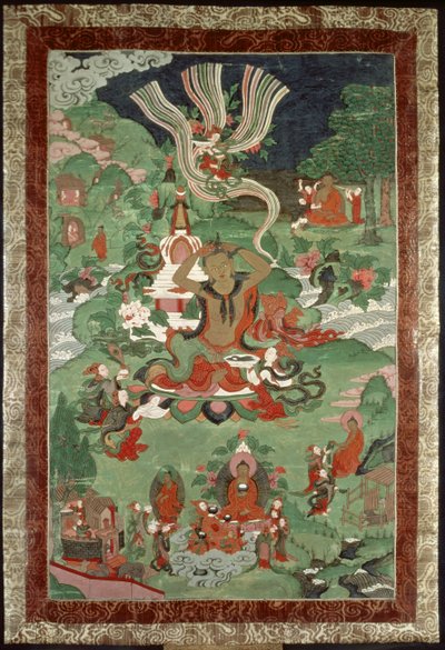Buddha cutting a tuft of hair, Tibetan temple banner by Tibetan School